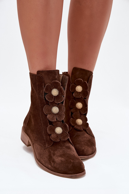 Suede Women's Ankle Boots with Decorative Flowers Zazoo 3085 Brown