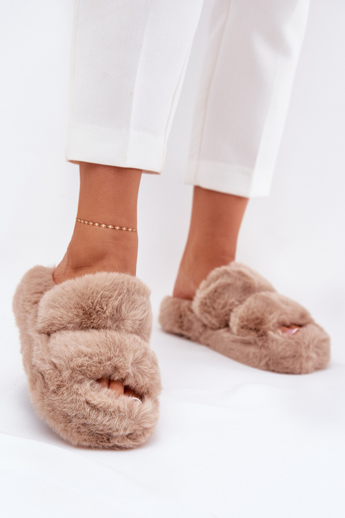 Womens Fur Slippers On Platform Khaki Talfedi