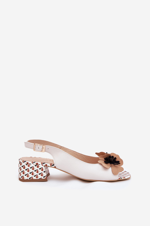 Leather Women's Sandals on a Block Heel with a Decorative Flower Laura Messi 2973 White