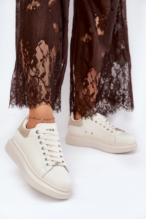 Leather Women's Sneakers On Platform Beige GOE RR2N4004