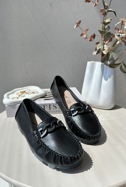 Women's Black Leather Moccasins with Ornament S.Barski LR339