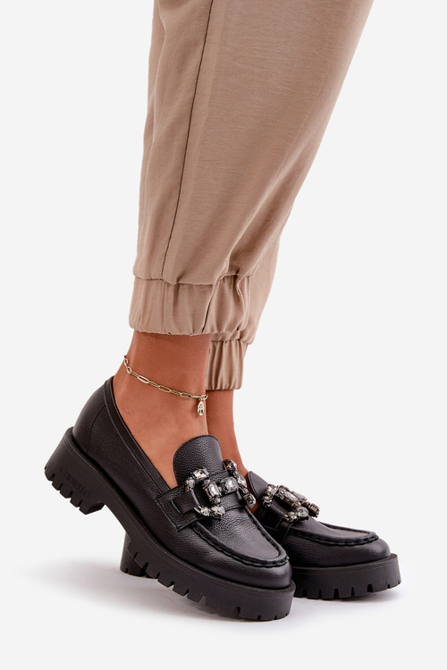 Ladies Leather Moccasins With Decoration Black CheBello 4369