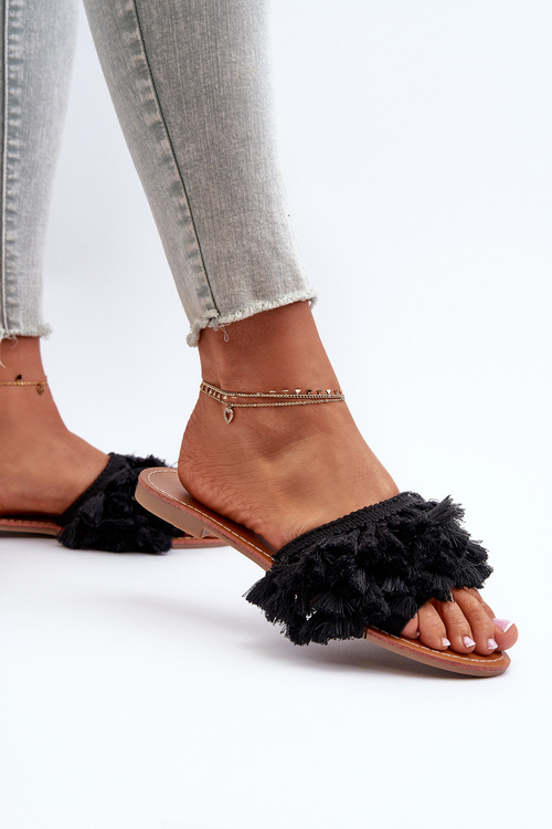Women's Flat Sandals with Fringes Black Rialle