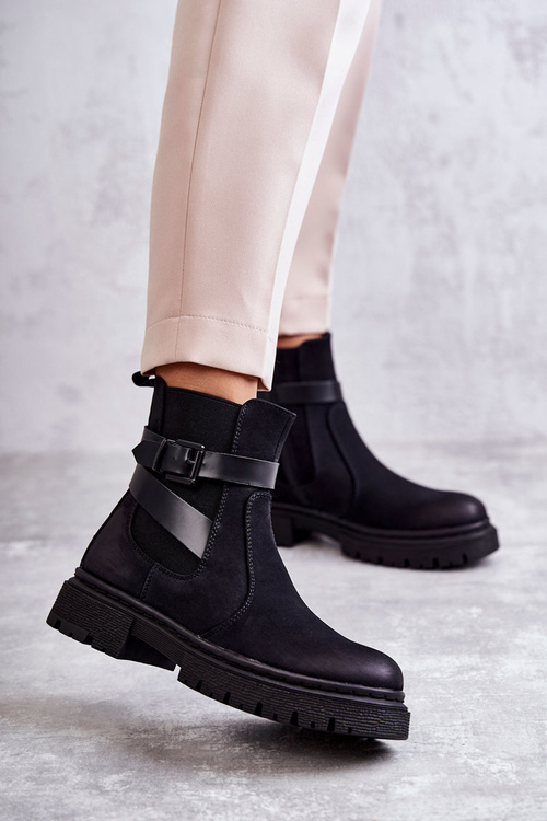 Botki Sztyblety Damskie Ocieplane Pasek Czarne Jose