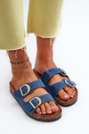 Women's denim clogs on cork platform with dark blue straps Doretta