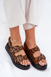 Ladies Platform And Wedge Sandals With Buckles Leopard Brown Genorre