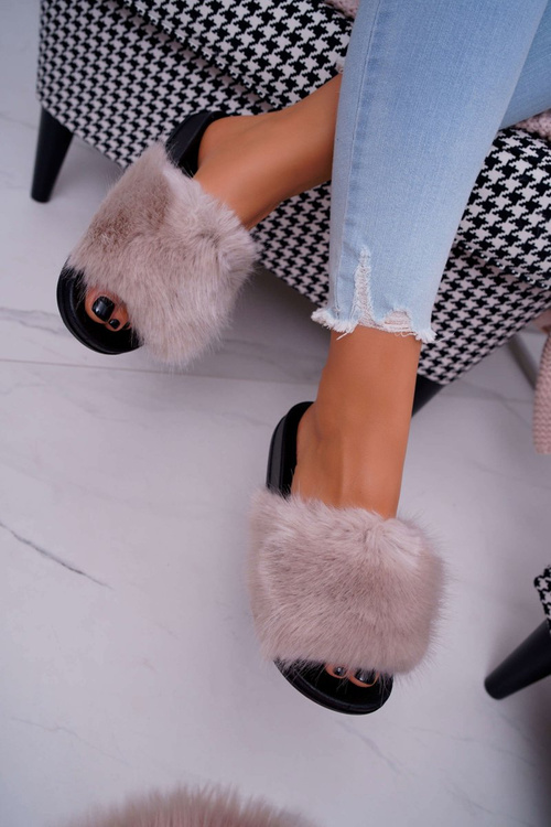 Women's Flip Flops with Fur Beige NiceFur