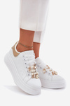 Women's Platform Sneakers With Ribbons White-Gold Ocerdia