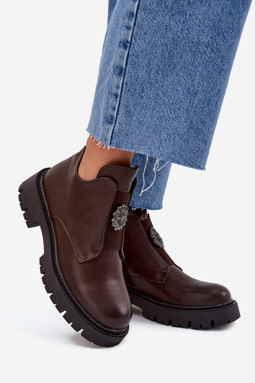 Botki Damskie Na Zamek Ocieplane Niskie Ozdoba Brązowe Lavira