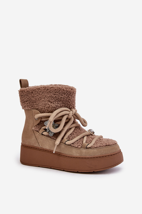 Damskie Śniegowce Na Platformie Z Przypinkami I Futerkiem Brązowe Almatiza