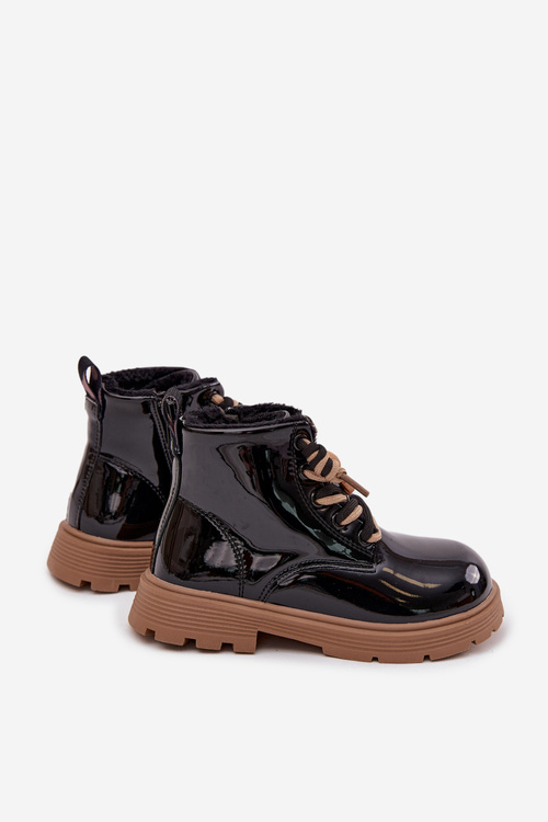 Insulated children's patent leather ankle boots with a bear strap black Jovellea