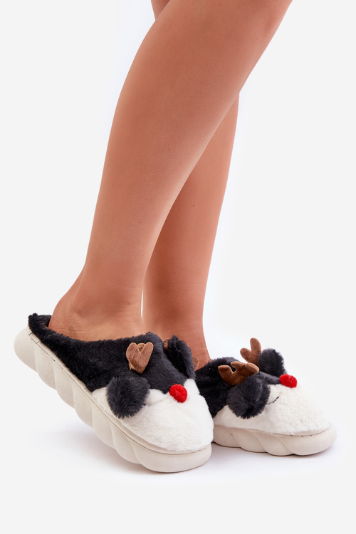 Womens Fur Slippers With Reindeer Motif Black Wistira