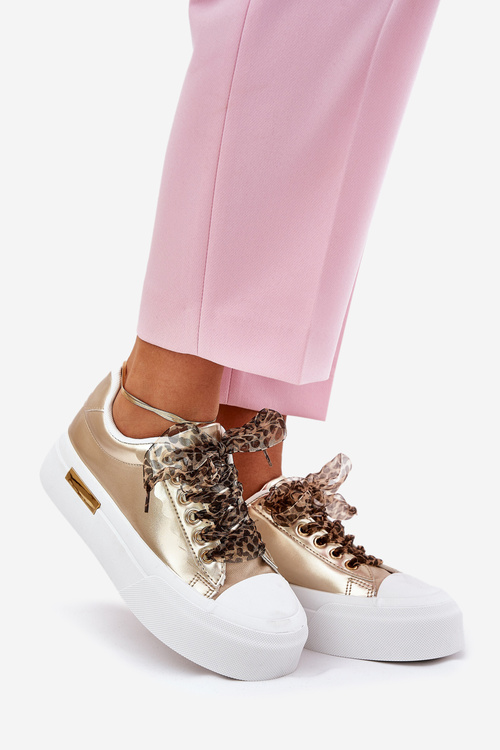 Women's Sneakers On A Massive Platform With Decorative Lacing Gold Zidora