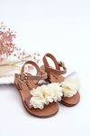 Fashionable Children's Sandals With Flowers Beige-gold Poly