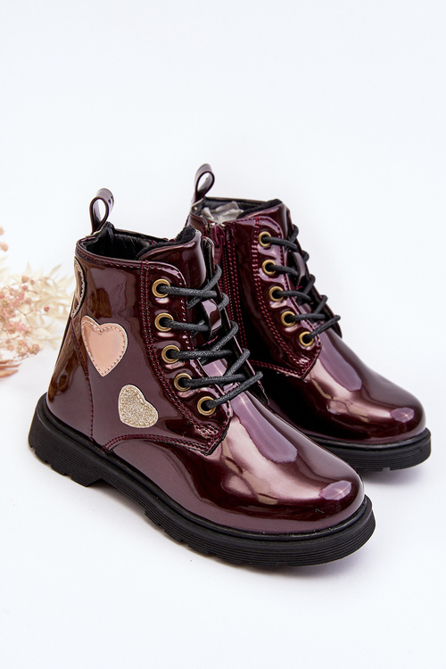 Burgundy patent leather boots with decorations for children Adete