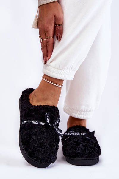Women's Fur Slippers With Bow Black Ryana