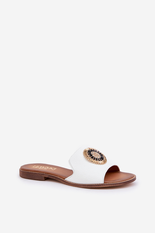 Leather Slippers With Decoration On Flat Heel White Lewski 3047/O