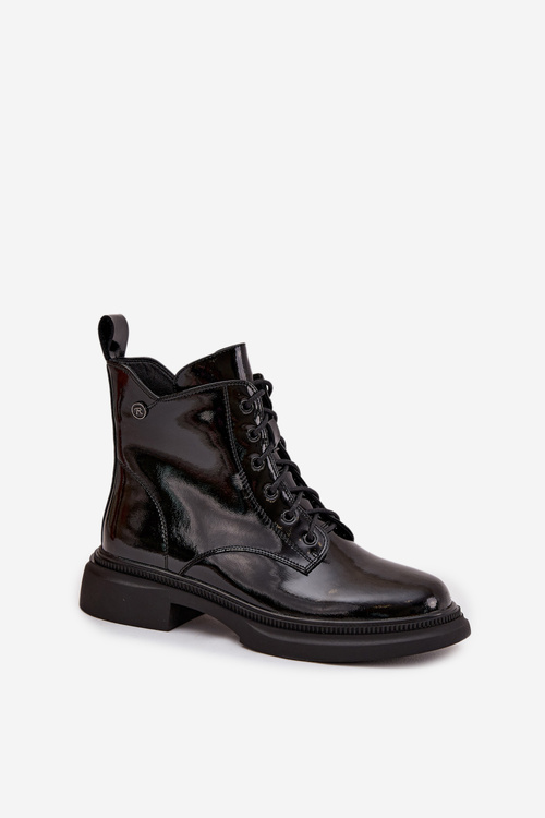 Botki Skórzane Lakierowane Ocieplane Czarne Gisella