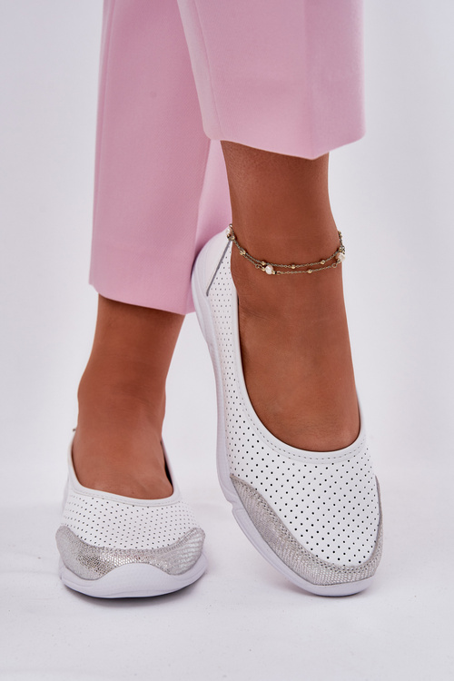 Leather Women's Perforated Ballet Flats White Lucy
