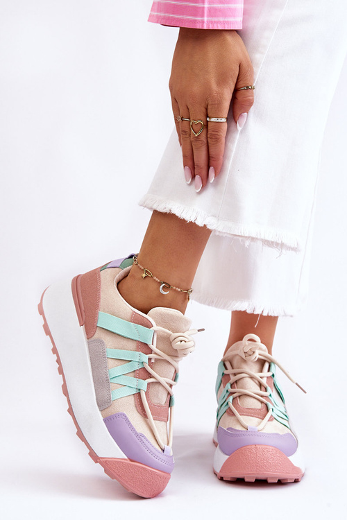 Buty Sportowe Damskie Zamsz Platforma Beżowo-Różowe Rohan