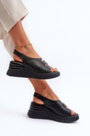Black Women's Leather Wedge Sandals with Ornament Salvania