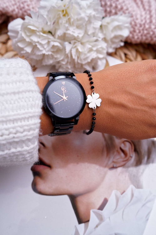 Women's Bracelet On Chain Silver Black Beads Clover Chaser