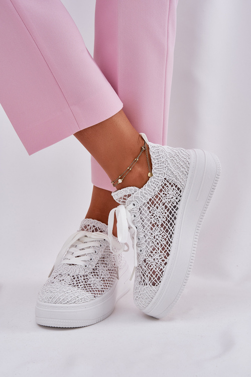 Damskie Sneakersy Z Szydełkową Cholewką Na Platformie Białe Mirietto