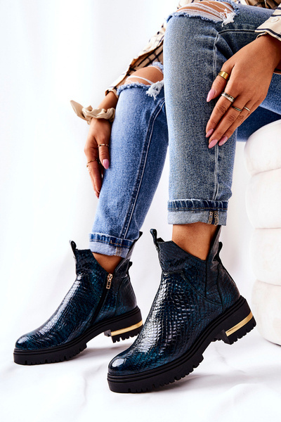 Insulated leather boots Crocodile Green Tanya
