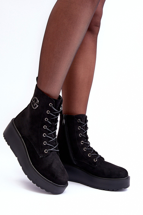 Suede Boots Workery on Massive Platform Wedge Heel Black Lavica