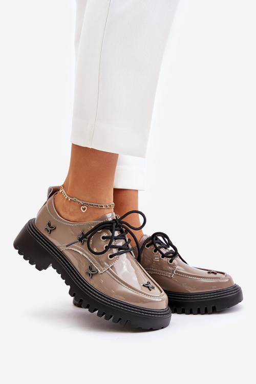 Półbuty Damskie Lakierowane Ozdoby Skóra Naturalna Ciemnobeżowe Artiker 55C1010