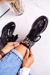 Insulated Boots With Metal Pearls And Ribbon Patent Black Perla
