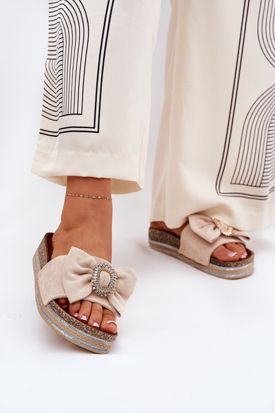 Women's Platform Sandals With Bow And Decorative Brooch Beige Lenela