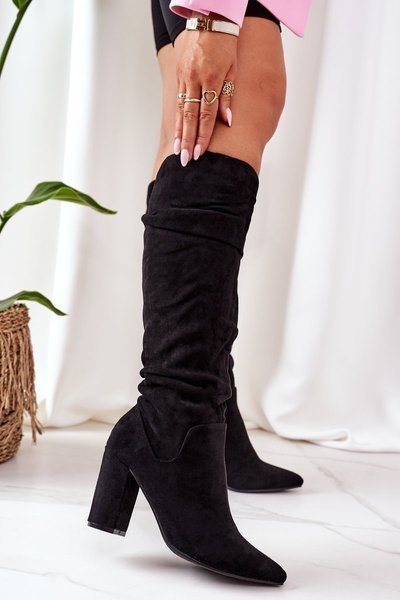 Suede Pointed Toe Knee Boots Black Impressing