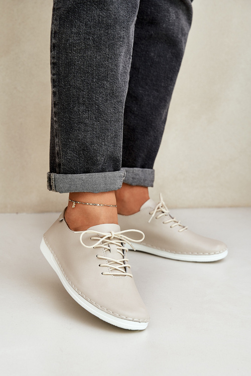 Półbuty Damskie Skóra Naturalna Sznurowane Beżowe D&A LR51-645