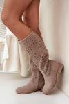 Ladies Cut-Out Ankle Boots With Low Heel Eco Suede Zipped Beige Orchides