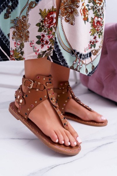 Lu Boo Camel Rhinestone Flip Flops Sandals