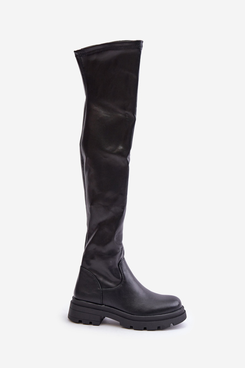 Eco Leather Knee High Boots With Flat Heel Black Santira