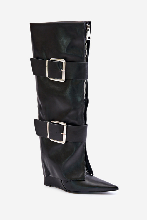 Knee High Wedge Boots with Folded Shaft and Buckles Tamirla
