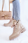 Leather, insulated boots with a zipper with pearls beige Raiso