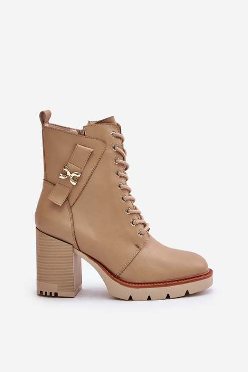 Botki Obcas Słupek Ocieplane Złoty Detal Beżowe Ivarisse