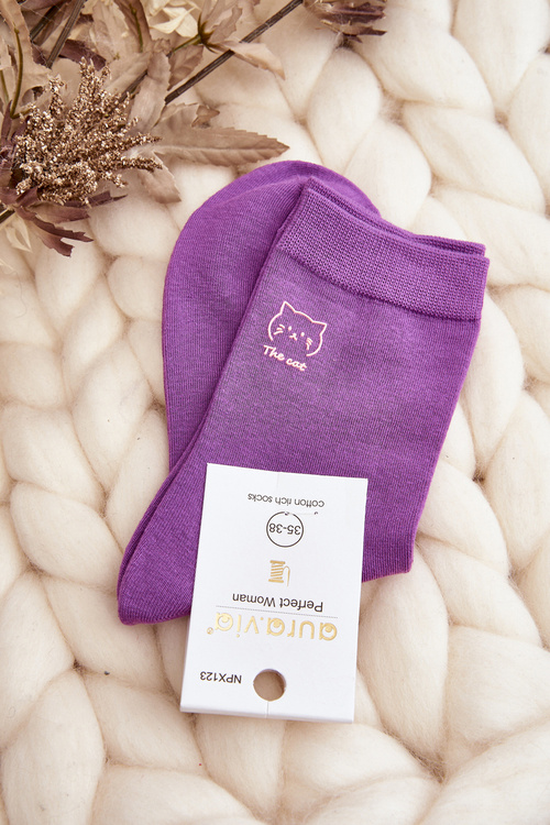 Women's Plain Socks with Cat Purple