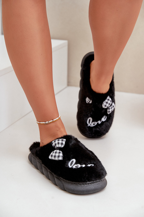 Women's Fleece Slippers With Patches And Bow Black Linnorelia