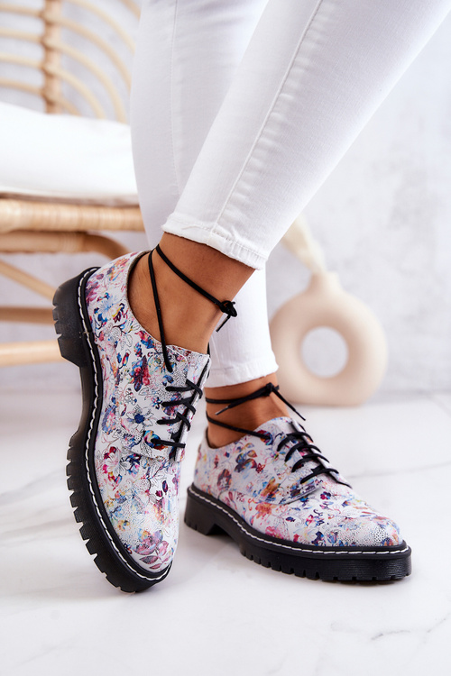 Women's Leather Brogues Oxfords Maciejka 4087A-38 White With Flowers