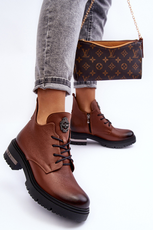 Botki Damskie Skóra Płaski Obcas Brązowe Lemar Charline 60309