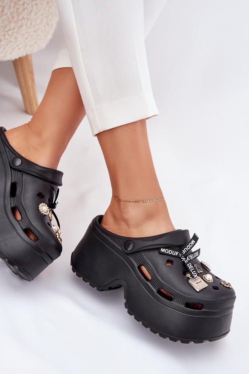 Women's Slide Sandals On Chunky Platform With Embellishments Black Vivira