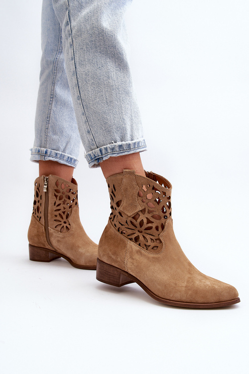 Botki Kowbojki Zamszowe Ażurowe Niski Obcas Beżowe Zazoo 3404