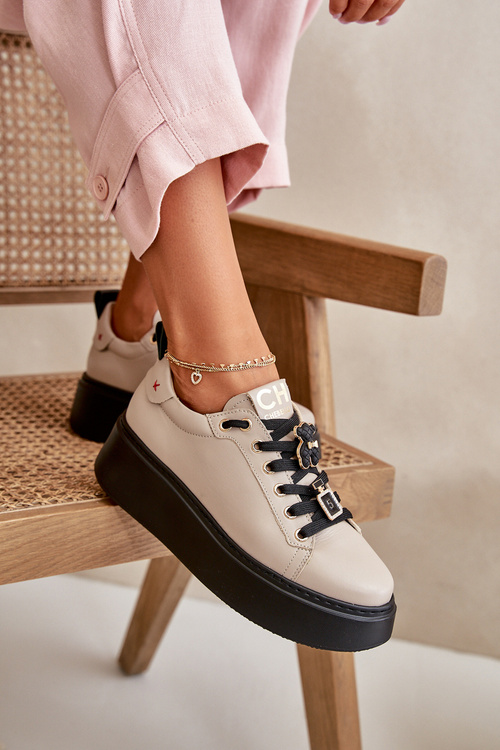 Women's Leather Sneakers With Pins On Platform Beige CheBello 4596