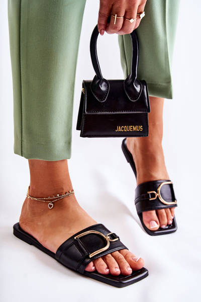 Women's Classic Leather Slippers With Decoration Black Shilla