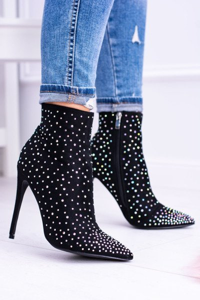 Lu Boo Black High Suede Cubano Zirconia Stiletto Boots