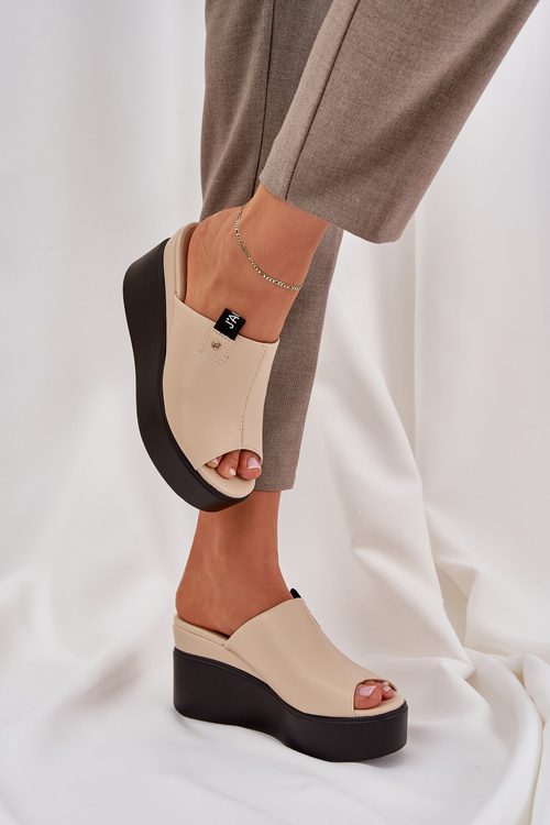 Klapki Eko Skórzane Platforma Koturn Beżowe Eridoria